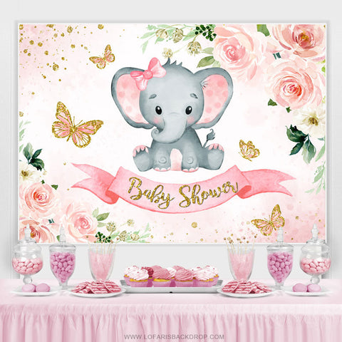 Toile de fond de douche de bébé éléphant fleur rose et papillon