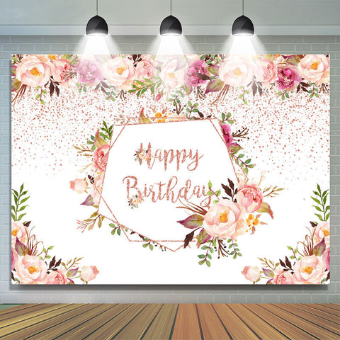 Toile de fond joyeux anniversaire fleur rose et plantes vertes