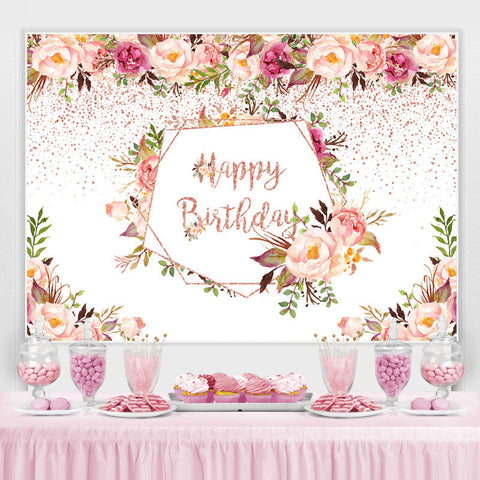 Toile de fond joyeux anniversaire fleur rose et plantes vertes