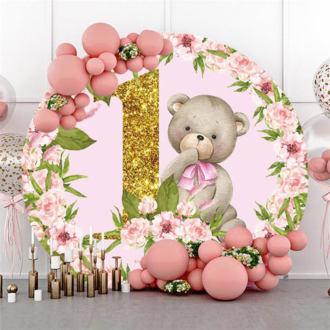 Toile de fond ronde d'anniversaire d'ours de fleur rose pour la fête