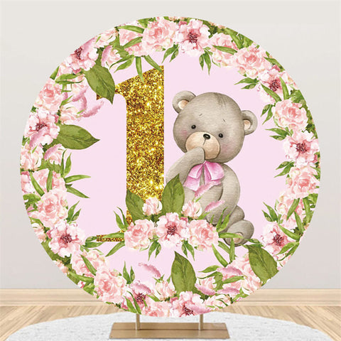 Toile de fond ronde d'anniversaire d'ours de fleur rose pour la fête