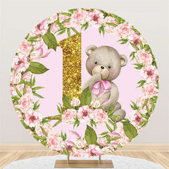 Toile de fond ronde d'anniversaire d'ours de fleur rose pour la fête