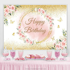 Toile de fond de joyeux anniversaire de papillon d'or de fleur rose
