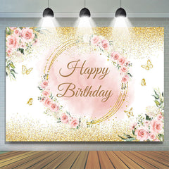 Toile de fond de joyeux anniversaire de papillon d'or de fleur rose