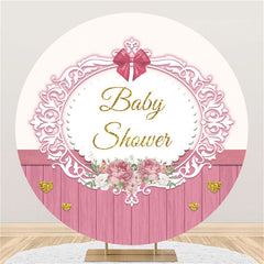 Toile de fond ronde de douche de bébé en bois à rayures de fleurs roses