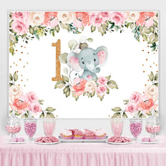 Thème d'éléphant de fleurs roses joyeux 1er anniversaire toile de fond