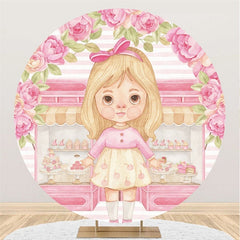 Toile De Fond De Fête D'anniversaire Ronde Fille Rose Et Magasin De Gâteaux