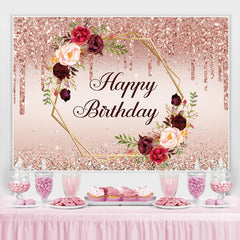 Paillettes roses et toile de fond de fête joyeux anniversaire floral