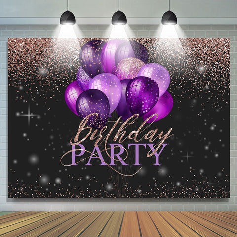 Fond de joyeux anniversaire de ballons violets paillettes roses