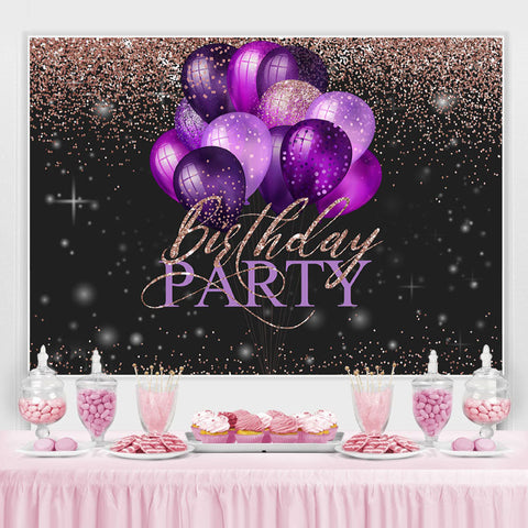 Fond de joyeux anniversaire de ballons violets paillettes roses