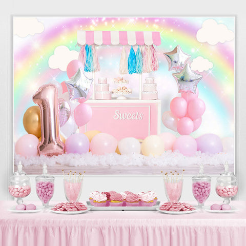 Rose Glitter Sweet Balloon Rainbow 1er anniversaire Toile de fond