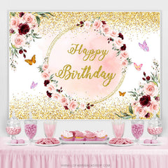 Toile de fond joyeux anniversaire papillon floral rose Gloden