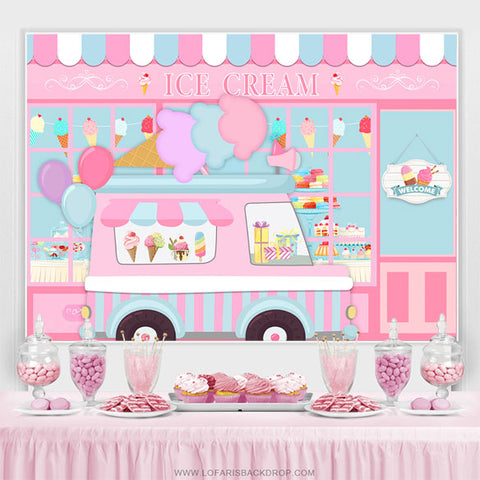 Toile de fond de fête d'anniversaire de magasin de camion de crème glacée rose