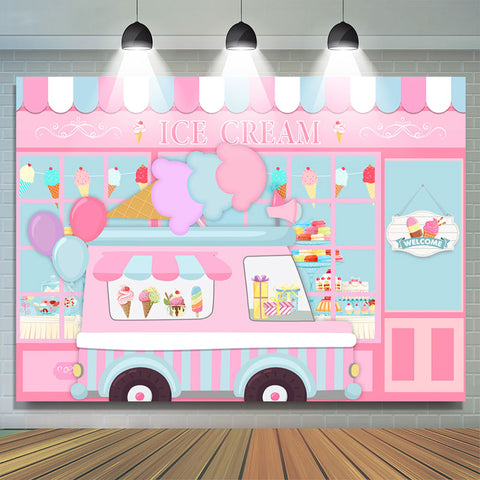 Toile de fond de fête d'anniversaire de magasin de camion de crème glacée rose