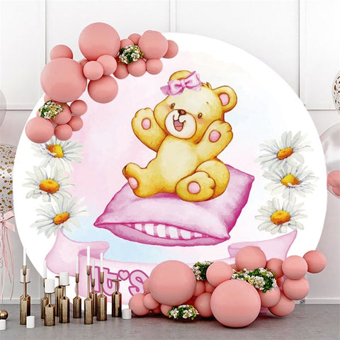 Rose, c'est une fille, ours et oreiller, toile de fond ronde pour fête prénatale