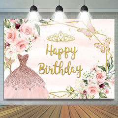 Robe de princesse rose et toile de fond d'anniversaire papillon