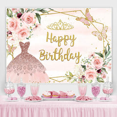 Robe de princesse rose et toile de fond d'anniversaire papillon