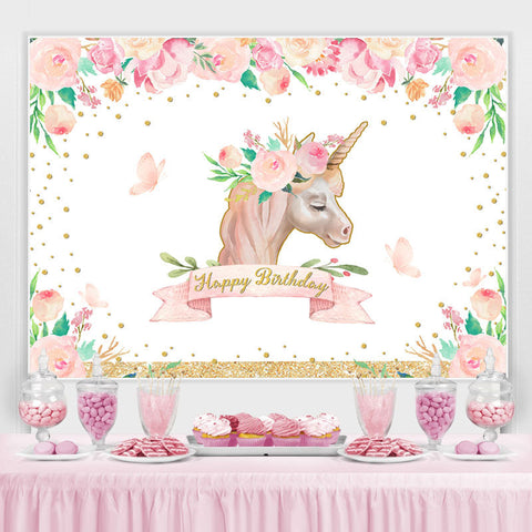 Toile de fond de joyeux anniversaire de paillettes d'or floral de licorne rose