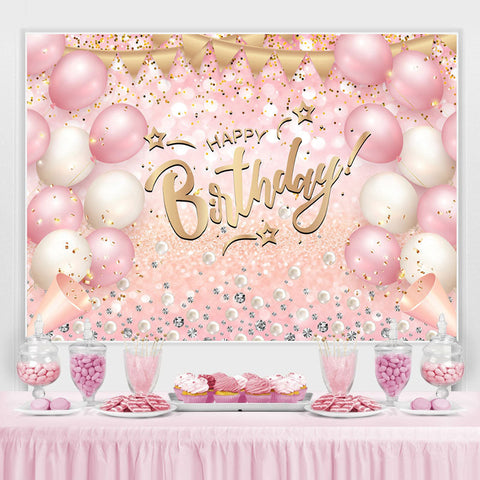 Fond de joyeux anniversaire de paillettes de ballon blanc rose