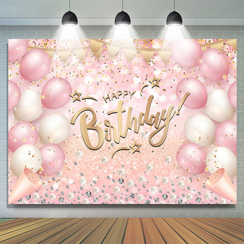 Fond de joyeux anniversaire de paillettes de ballon blanc rose