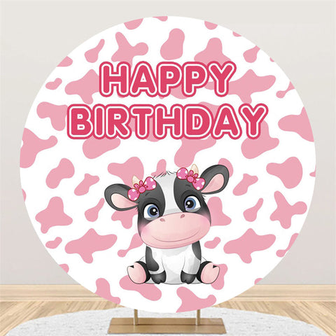 Toile de fond ronde rose blanc dessin animé vache joyeux anniversaire