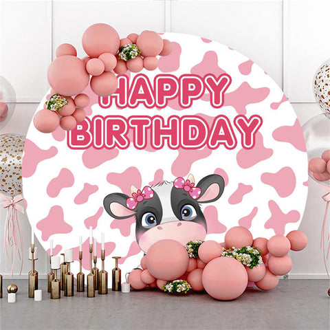 Toile de fond ronde rose blanc dessin animé vache joyeux anniversaire