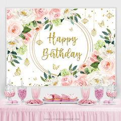 Toile de fond de joyeux anniversaire à paillettes d'or floral rose blanc