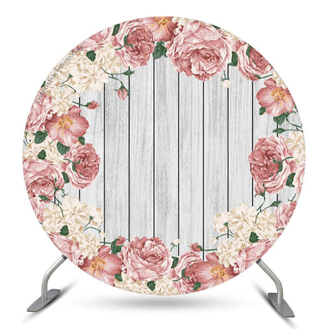 Toile de fond de fête d'anniversaire ronde en bois floral rose blanc