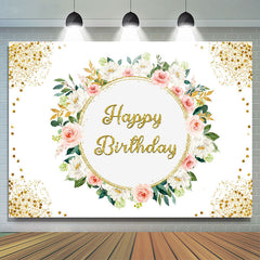 Toile de fond de joyeux anniversaire de paillettes d'or flral rose blanc