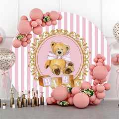 Toile de fond ronde de fête de naissance de nounours kaki à rayures blanches roses
