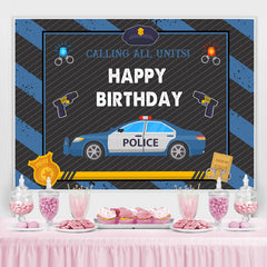 Voiture de police avec fond de joyeux anniversaire bleu et noir