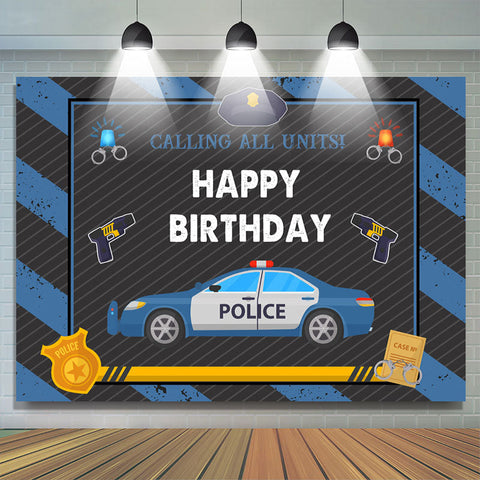 Voiture de police avec fond de joyeux anniversaire bleu et noir