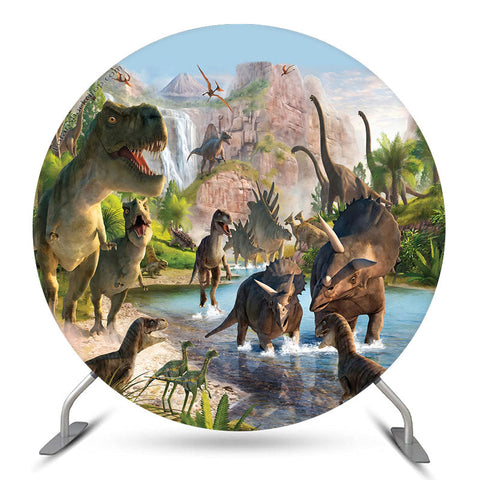 Toile de fond d'anniversaire du monde préhistorique Dinosuars Safari