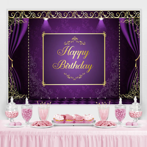 Toile de fond de f¨ºte de joyeux anniversaire en dentelle violette et dor¨¦e