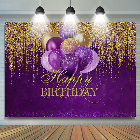 Ballons violets paillettes d'or joyeux anniversaire toile de fond