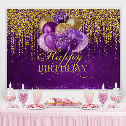 Ballons violets paillettes d'or joyeux anniversaire toile de fond