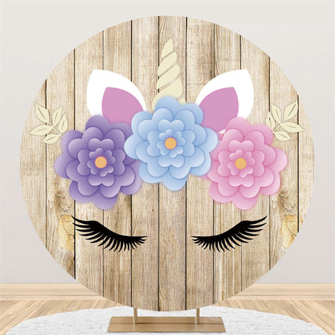 Toile de fond d'anniversaire en bois floral licorne rose bleu violet