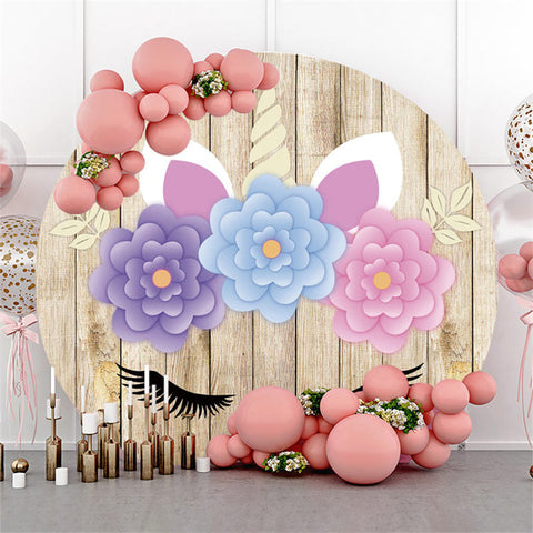 Toile de fond d'anniversaire en bois floral licorne rose bleu violet
