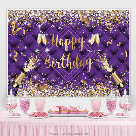 Toile de fond Joyeux Anniversaire Ribbion Bouteille de Champagne Violet