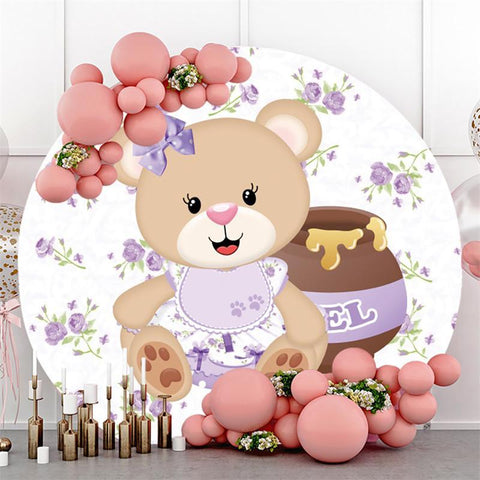 Fond de fête de naissance d'ours en peluche doux de cercle violet