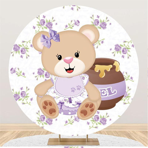 Fond de fête de naissance d'ours en peluche doux de cercle violet