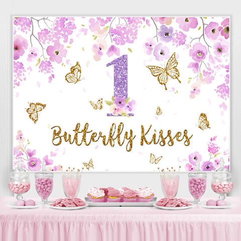 Toile de fond 1er anniversaire papillon violet floral et or