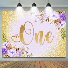 Toile de fond 1er anniversaire violet floral et paillettes dorées