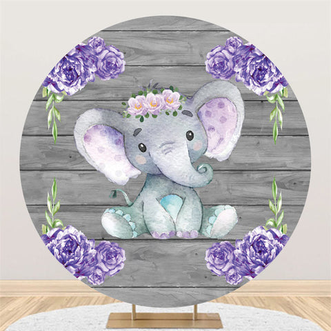 Backdorp d'anniversaire en bois gris foncé éléphant floral violet