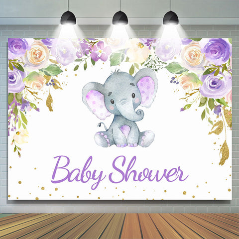 Bannière de fond de douche de bébé blanc éléphant floral violet