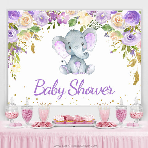 Bannière de fond de douche de bébé blanc éléphant floral violet