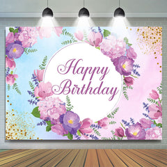 Bannière de fond de joyeux anniversaire à paillettes florales violettes