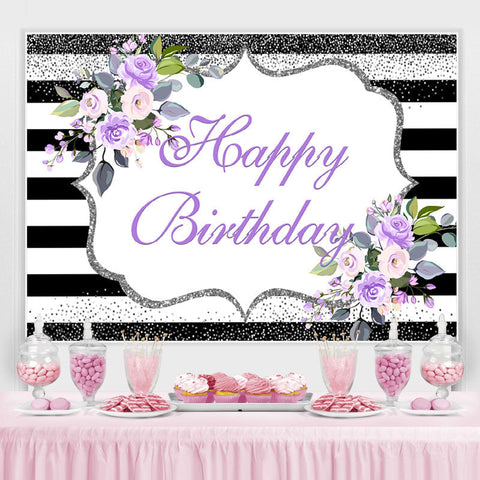 Violet Floral Joyeux Anniversaire Glitter Stripes Party Toile de Fond