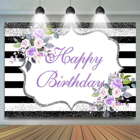 Violet Floral Joyeux Anniversaire Glitter Stripes Party Toile de Fond