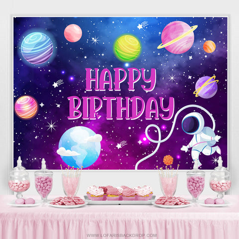 Toile de fond de joyeux anniversaire rose planète mignonne galaxie violette